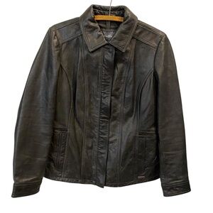 Eddie Bauer Leather Zip Up Collared Jacket Black Women’s Large